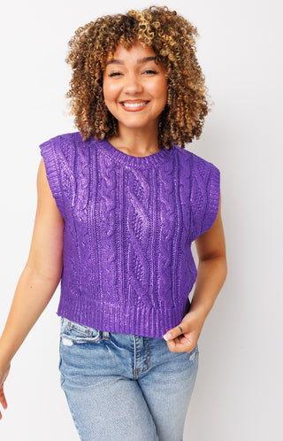 Classique Metallic Crop Sweater, PURPLE