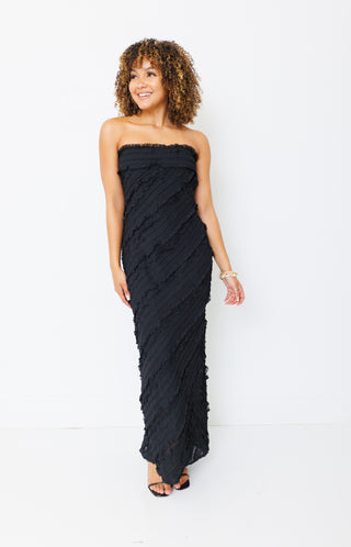 ENDLESS ROSE: Strapless Ruffled Maxi Dress, BLACK