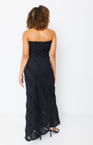 ENDLESS ROSE: Strapless Ruffled Maxi Dress, BLACK