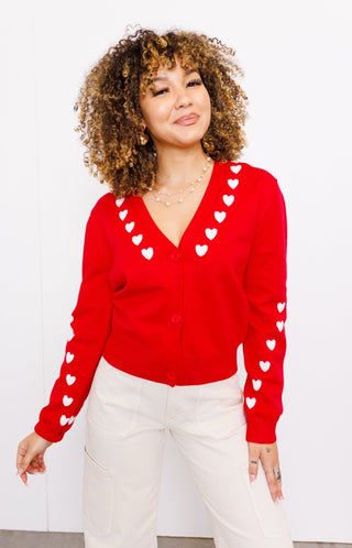 Endless Rose: Heart Contrast Knit Cardigan, RED Jackets - 20J