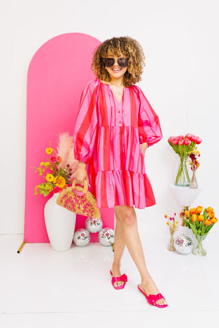 Love Struck Poplin Tiered Dress, FUCHSIA/RUST - HerringStones