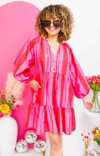 Love Struck Poplin Tiered Dress, FUCHSIA/RUST - HerringStones