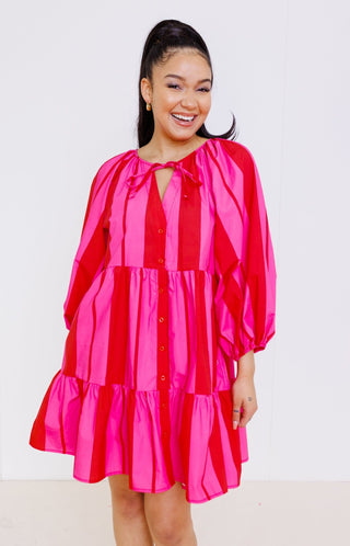 Love Struck Poplin Tiered Dress, FUCHSIA/RUST - HerringStones